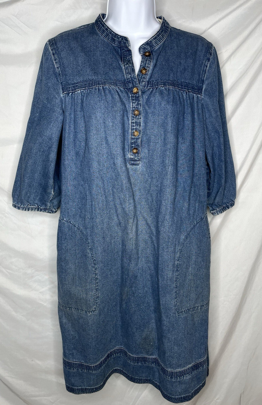 Orvis Blue Denim Dress Size 8 All Cotton Lagenlook 3/4 Sleeve Loose Fit Comfy